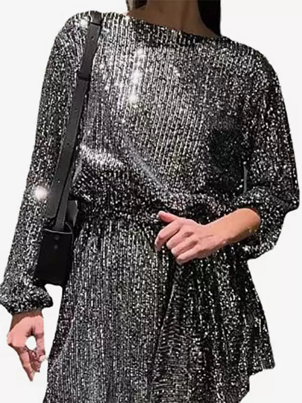 Casual Boatneck Belted Long Sleeves Short Loose Dresses