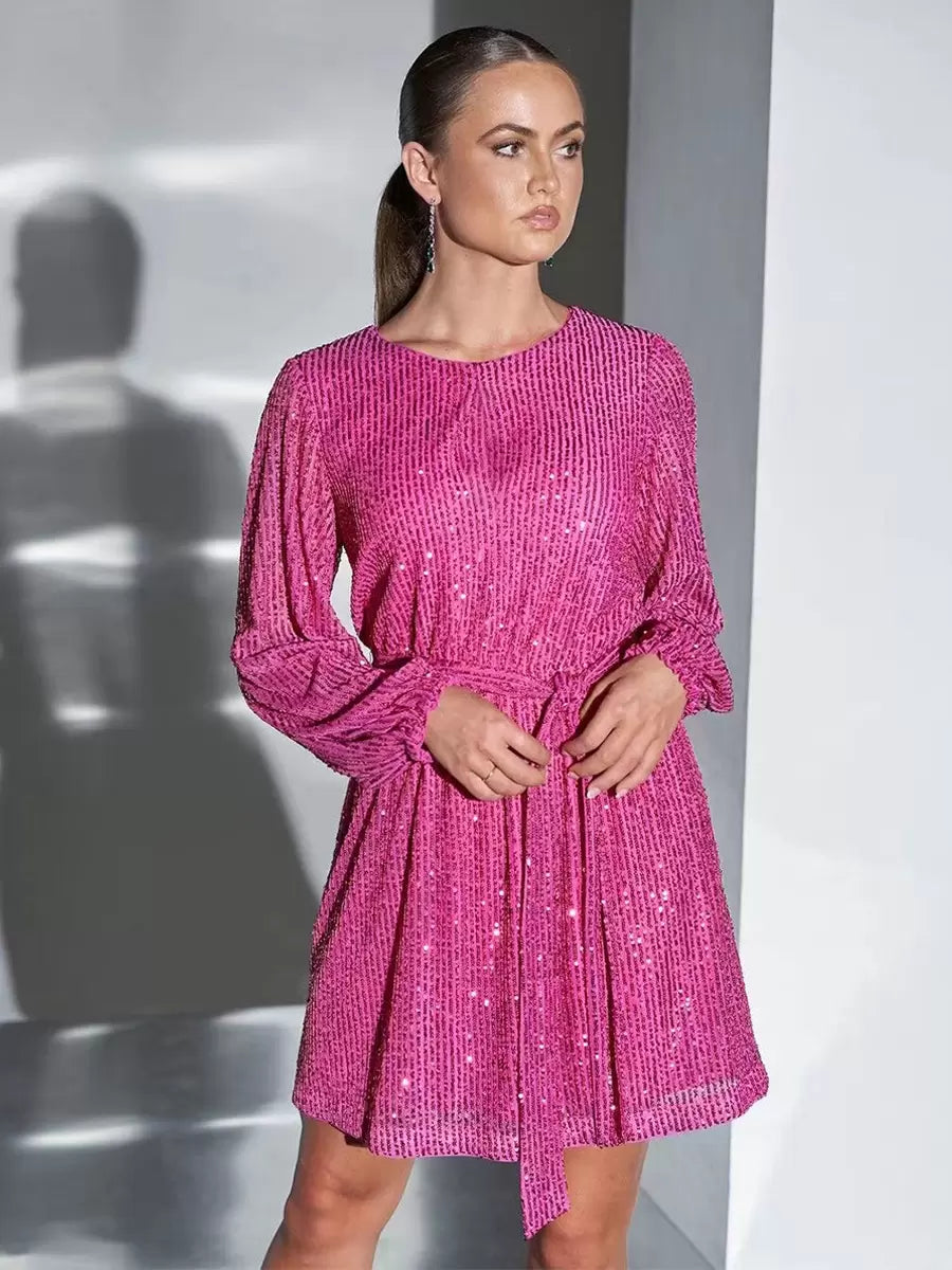 Casual Boatneck Belted Long Sleeves Short Loose Dresses
