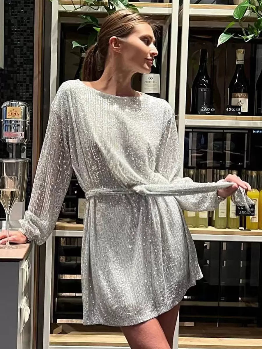 Casual Boatneck Belted Long Sleeves Short Loose Dresses