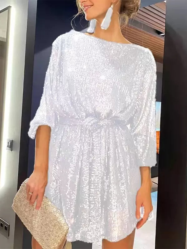 Casual Boatneck Belted Long Sleeves Short Loose Dresses