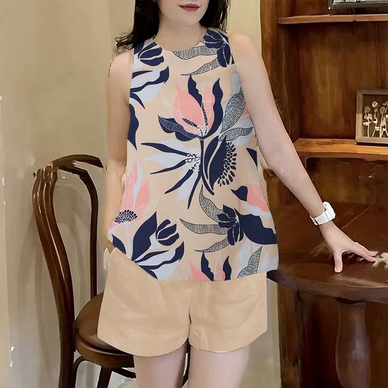Casual Bohemain Beach Style Sleeveless Floral Prints Blouse Shorts 2 Piece Suits