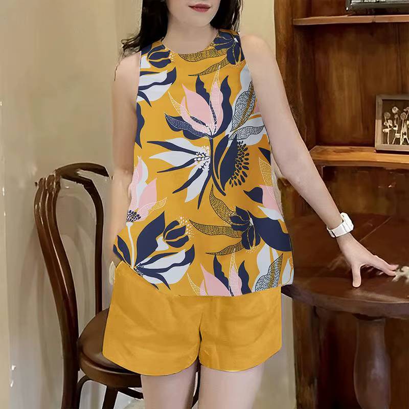 Casual Bohemain Beach Style Sleeveless Floral Prints Blouse Shorts 2 Piece Suits