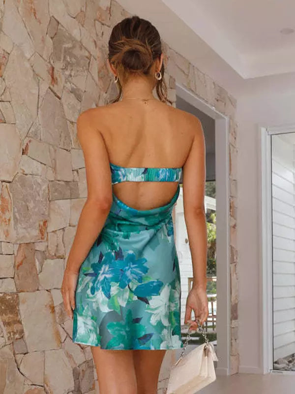 Casual Bohemian Cut-Outs Floral Print Strapless Beach Style Mini Dress