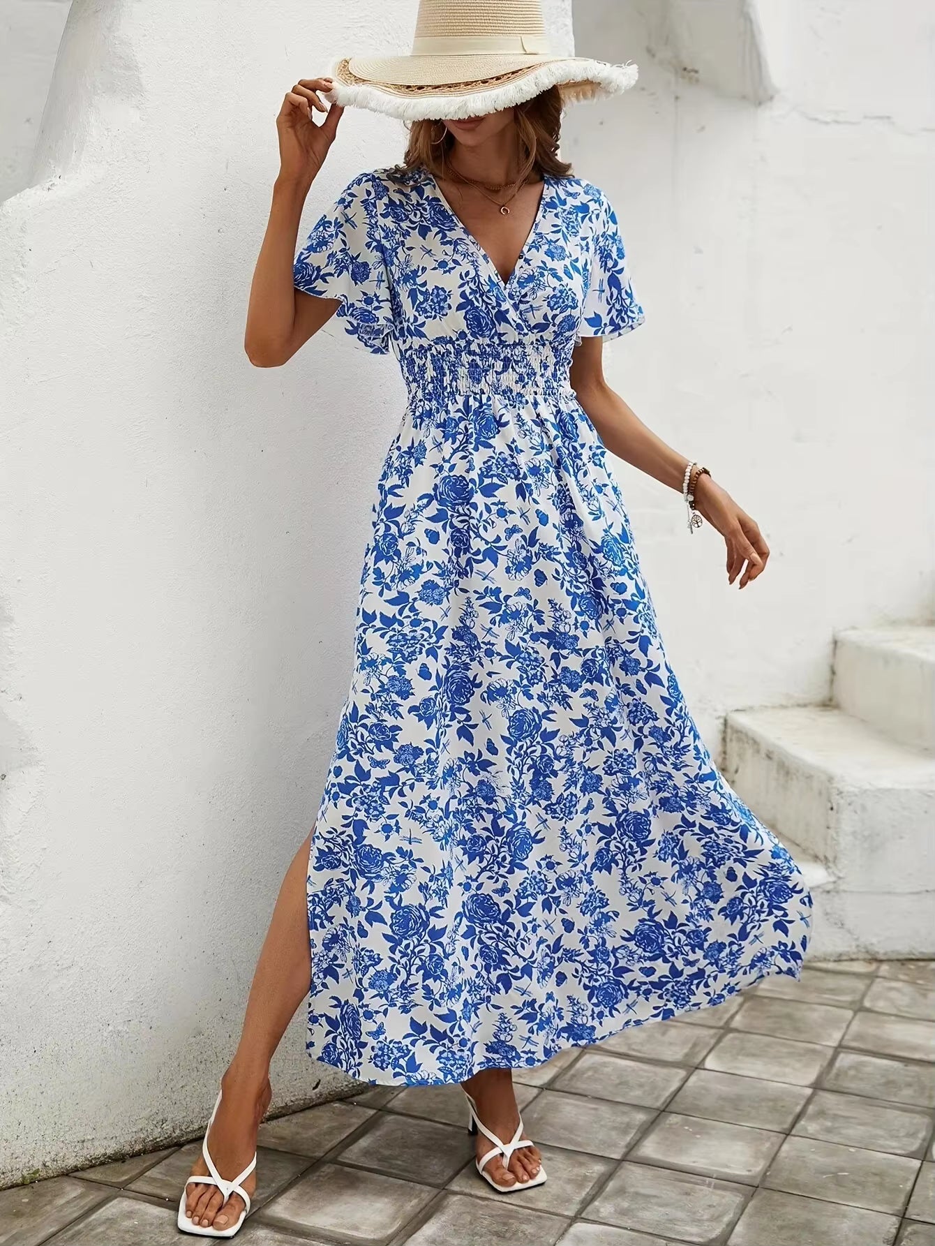 Casual Bohemian Print V-neck Short Sleeve Beach Maxi Dress