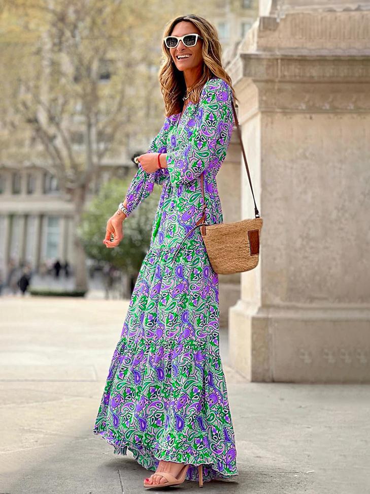 Casual Bohemian Printed Long Sleeves V-Neck Maxi Dress