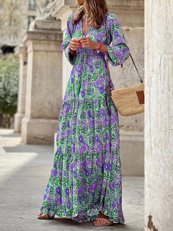 Casual Bohemian Printed Long Sleeves V-Neck Maxi Dress