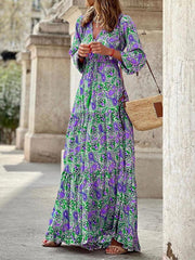 Casual Bohemian Printed Long Sleeves V-Neck Maxi Dress