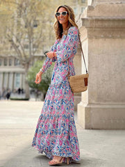 Casual Bohemian Printed Long Sleeves V-Neck Maxi Dress