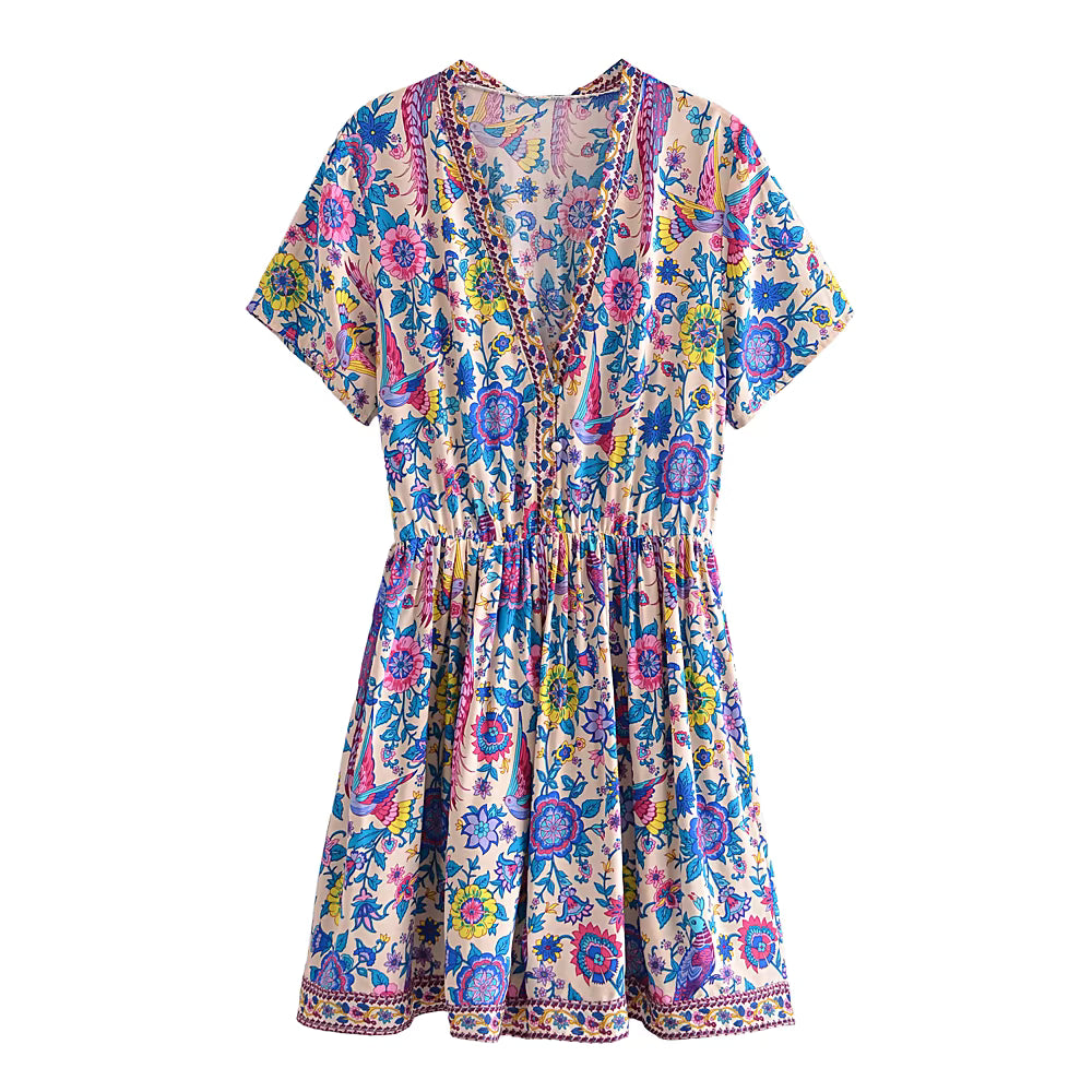 Casual Bohemian Short Sleeve Floral Peacock Print V-neck Mini Dress