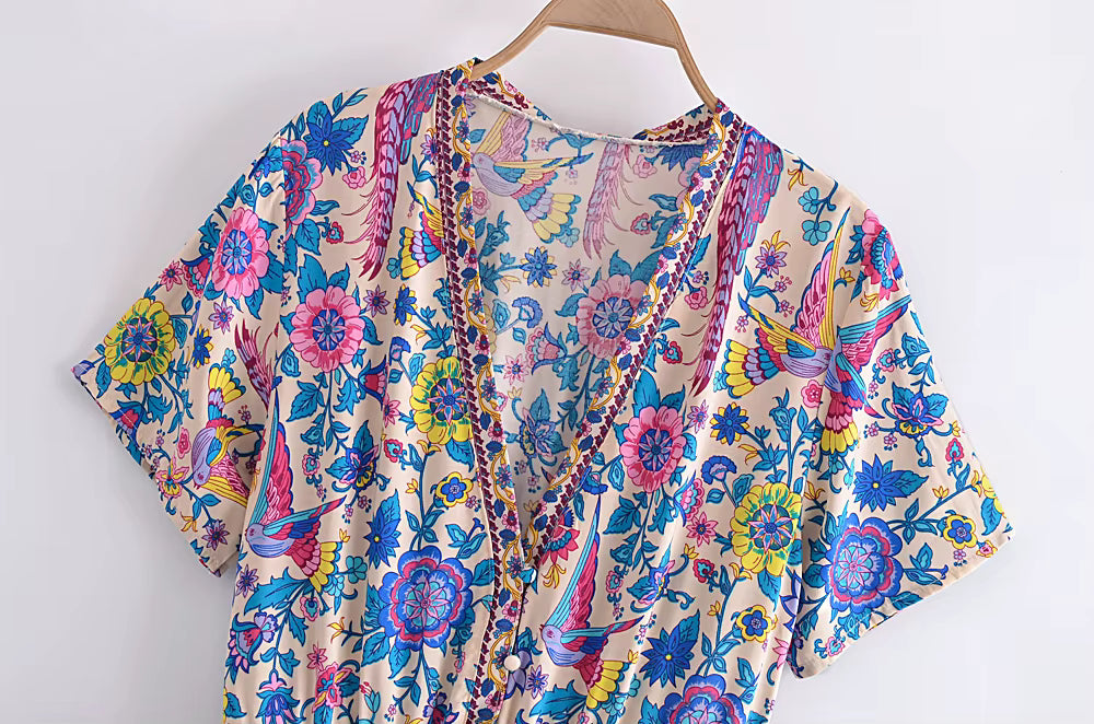 Casual Bohemian Short Sleeve Floral Peacock Print V-neck Mini Dress