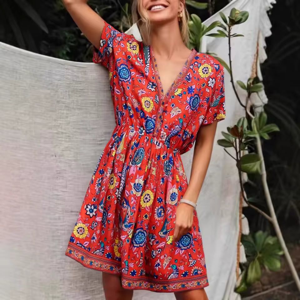 Casual Bohemian Short Sleeve Floral Peacock Print V-neck Mini Dress