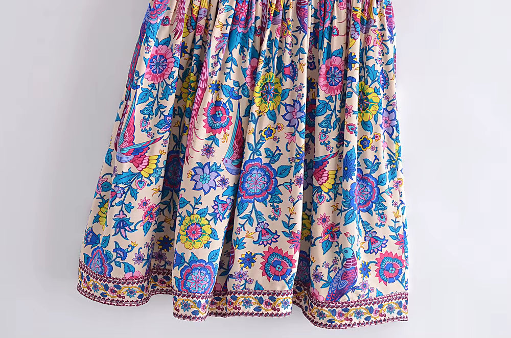 Casual Bohemian Short Sleeve Floral Peacock Print V-neck Mini Dress