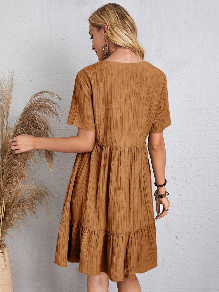 Casual Bohemian V-neck Short Sleeves Pleated Mini Dress