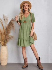 Casual Bohemian V-neck Short Sleeves Pleated Mini Dress