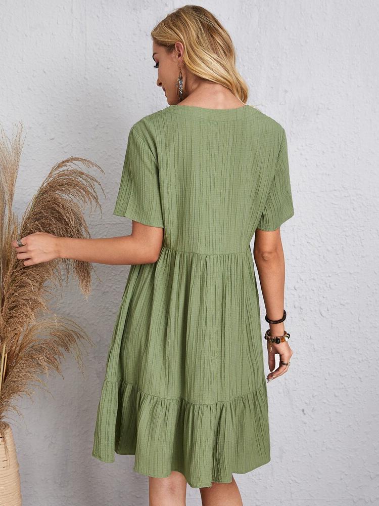 Casual Bohemian V-neck Short Sleeves Pleated Mini Dress