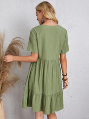 Casual Bohemian V-neck Short Sleeves Pleated Mini Dress