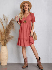 Casual Bohemian V-neck Short Sleeves Pleated Mini Dress
