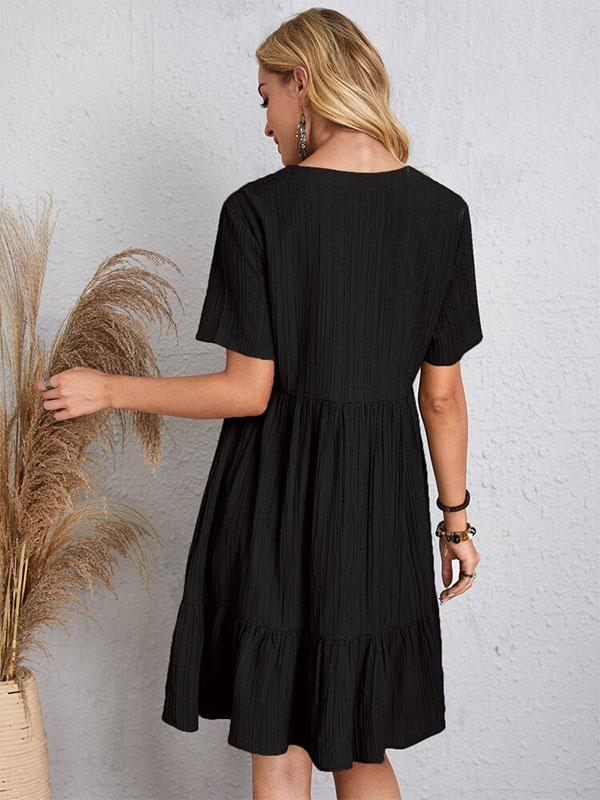 Casual Bohemian V-neck Short Sleeves Pleated Mini Dress