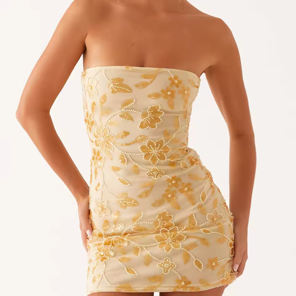 Casual Boho Shiny Sequins Strapless Slim Fits Floral Bodycon Mini Dress