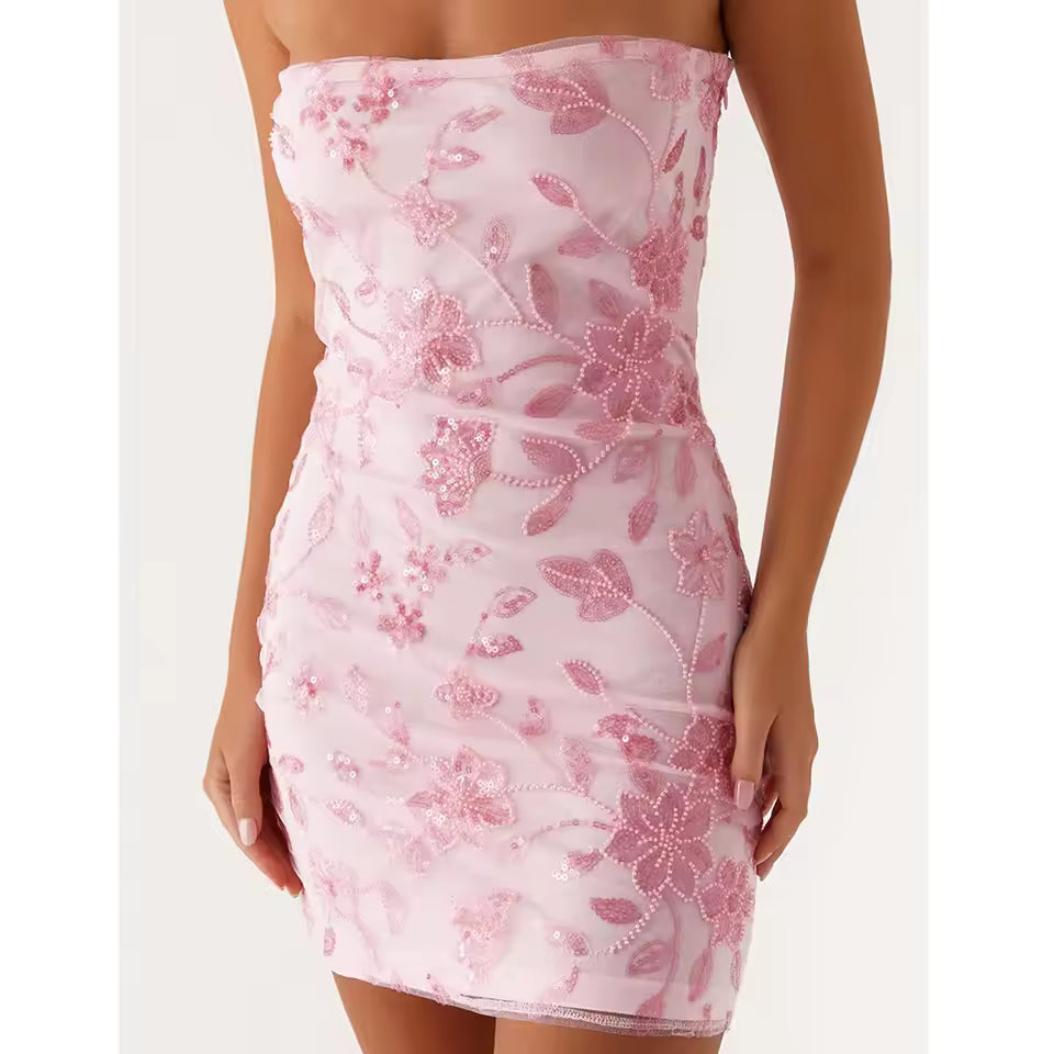 Casual Boho Shiny Sequins Strapless Slim Fits Floral Bodycon Mini Dress