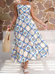 Casual Boho Spaghetti Strap Beach Style Tropical Fruit Printed Midi Dress