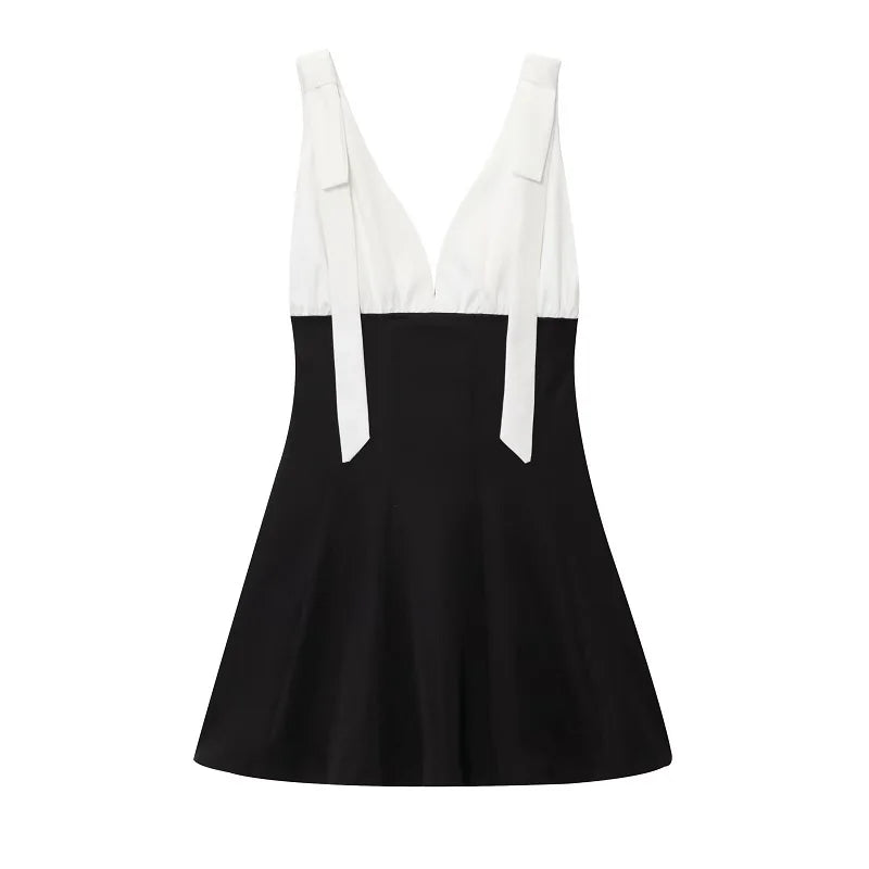 Casual Bow Backless Patchwork Short Slip Mini Dresses