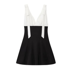 Casual Bow Backless Patchwork Short Slip Mini Dresses