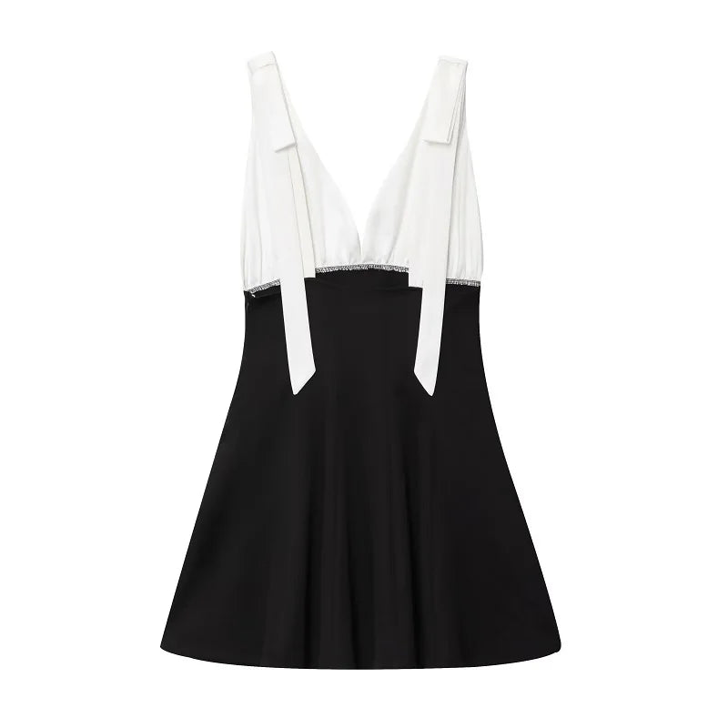 Casual Bow Backless Patchwork Short Slip Mini Dresses