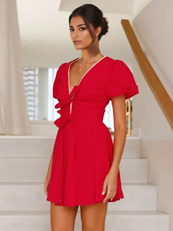 Casual Bow Front V-neck Zipper A-line Puff Sleeves Mini Dress