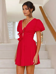 Casual Bow Front V-neck Zipper A-line Puff Sleeves Mini Dress