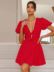 Casual Bow Front V-neck Zipper A-line Puff Sleeves Mini Dress