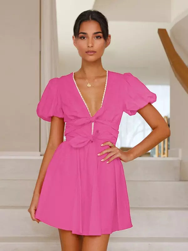 Casual Bow Front V-neck Zipper A-line Puff Sleeves Mini Dress