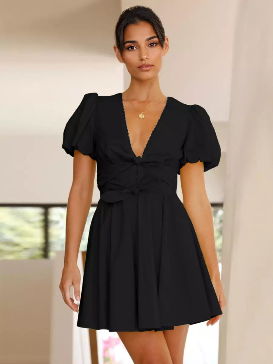 Casual Bow Front V-neck Zipper A-line Puff Sleeves Mini Dress