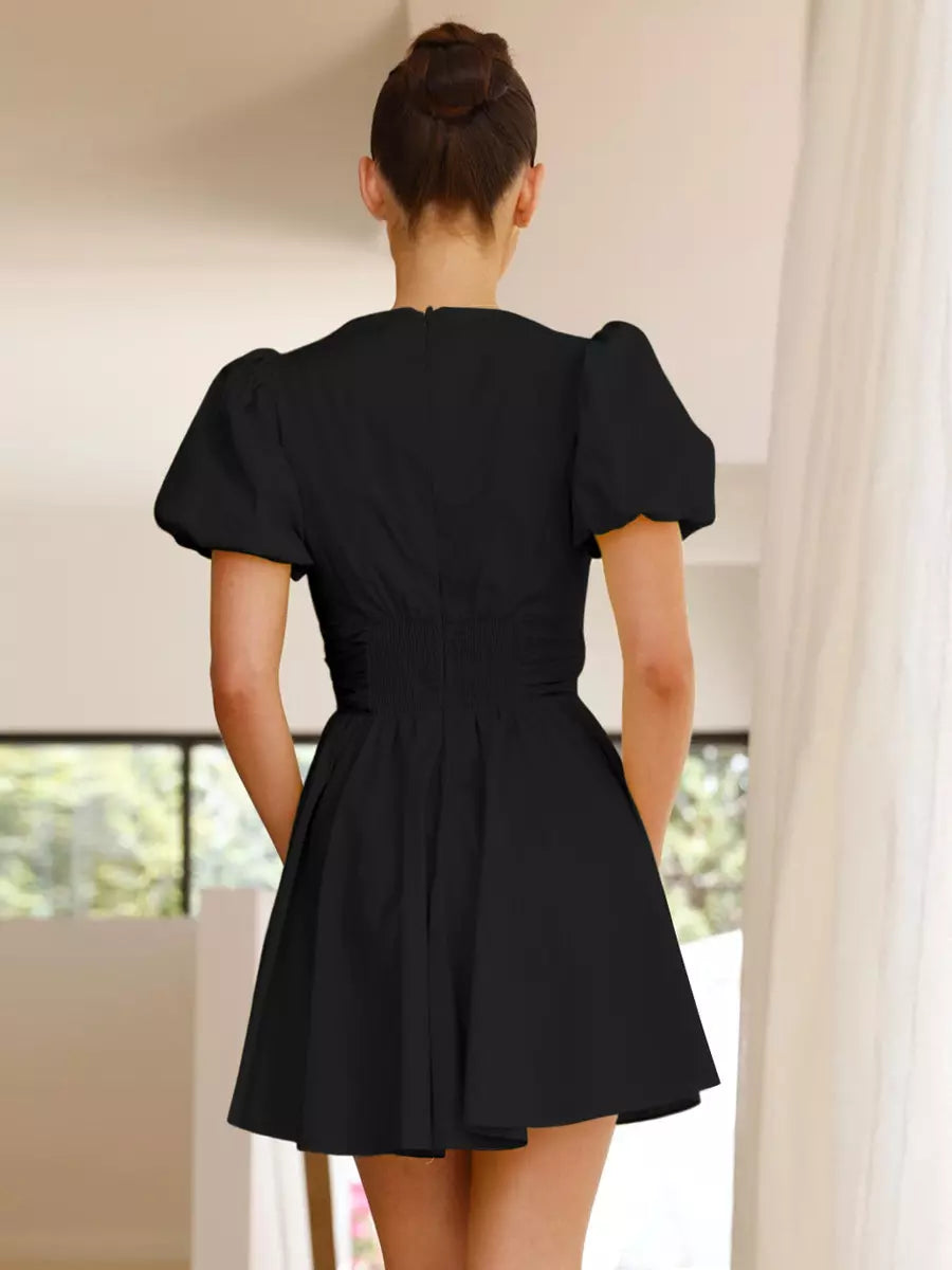 Casual Bow Front V-neck Zipper A-line Puff Sleeves Mini Dress