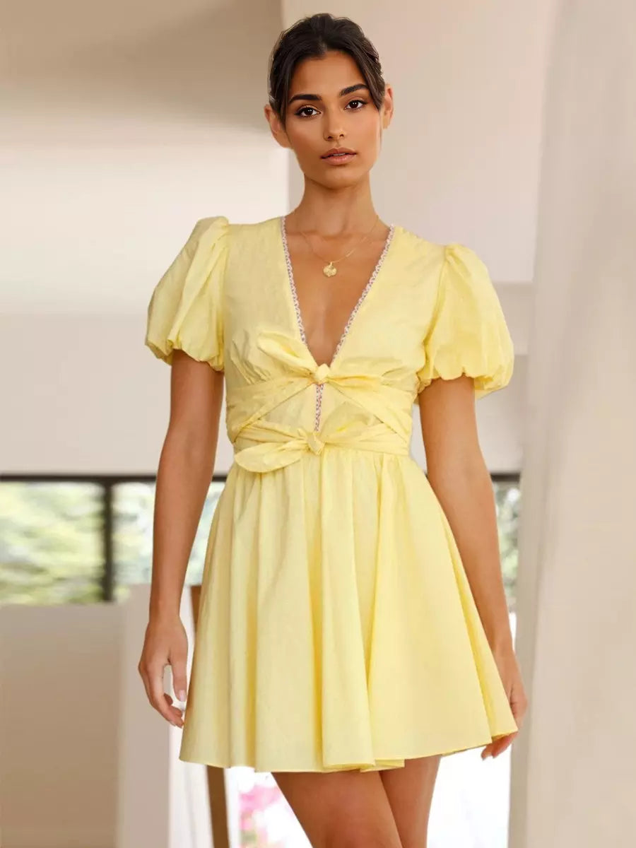 Casual Bow Front V-neck Zipper A-line Puff Sleeves Mini Dress