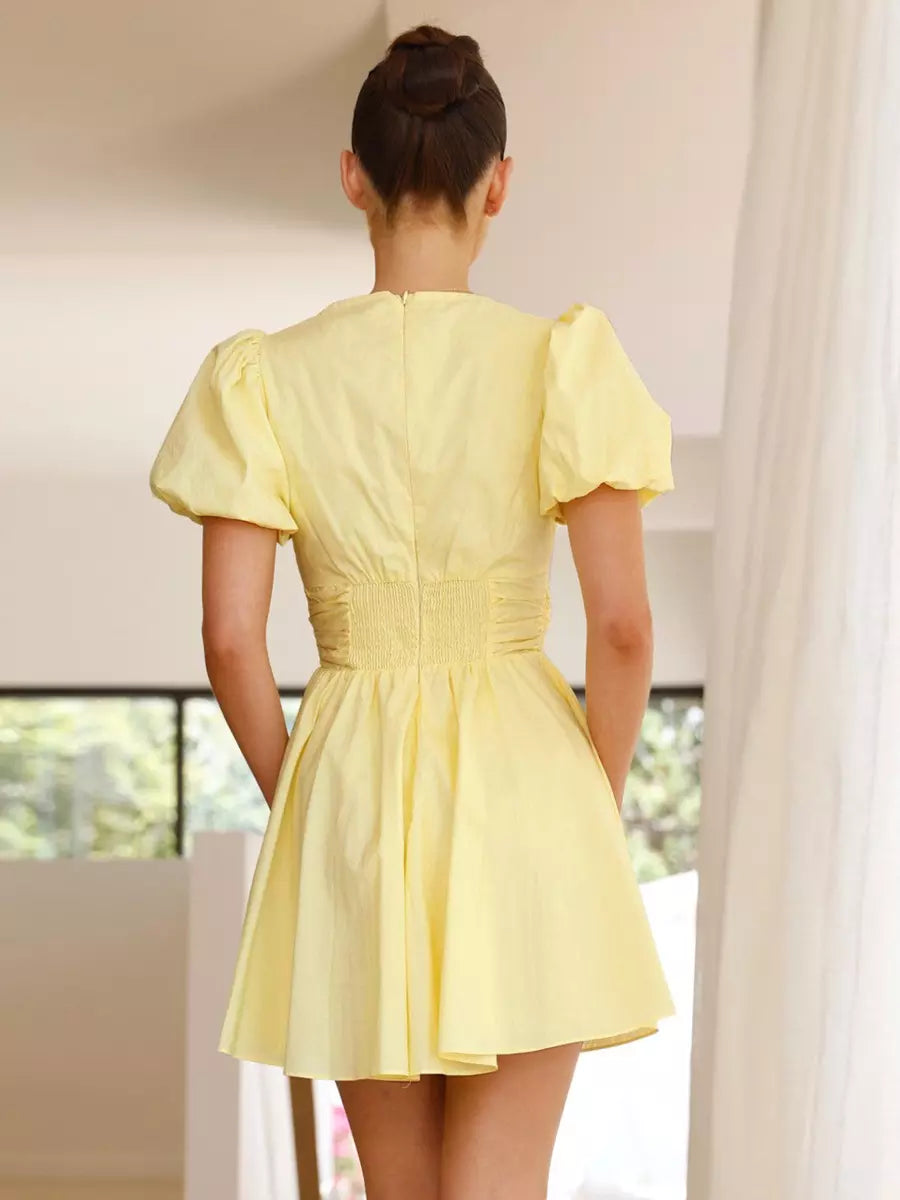 Casual Bow Front V-neck Zipper A-line Puff Sleeves Mini Dress
