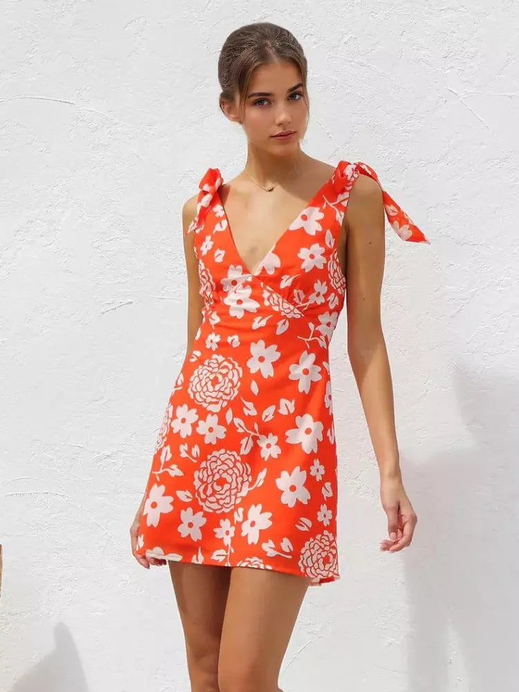 Elegant Floral Print Backless Sleeveless Mini Dress