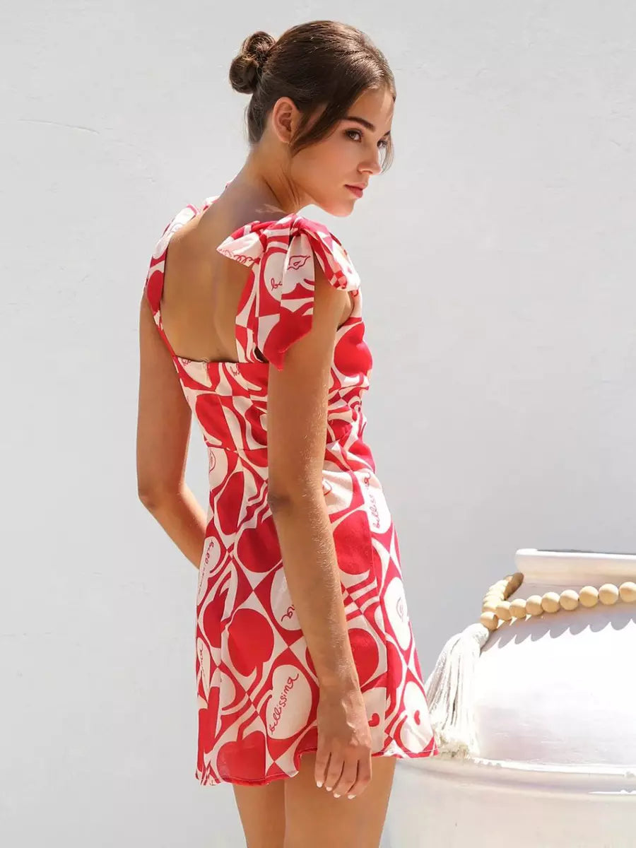 Casual Backless Bow Shoulder Floral Mini Dress