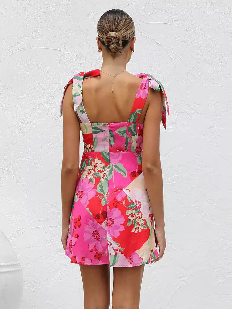 Casual Bow Zipper Shoulder Sleeveless Floral Mini Dress