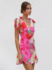 Casual Bow Zipper Shoulder Sleeveless Floral Mini Dress