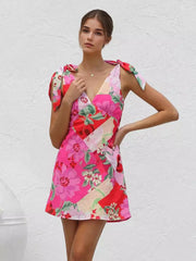Casual Bow Zipper Shoulder Sleeveless Floral Mini Dress