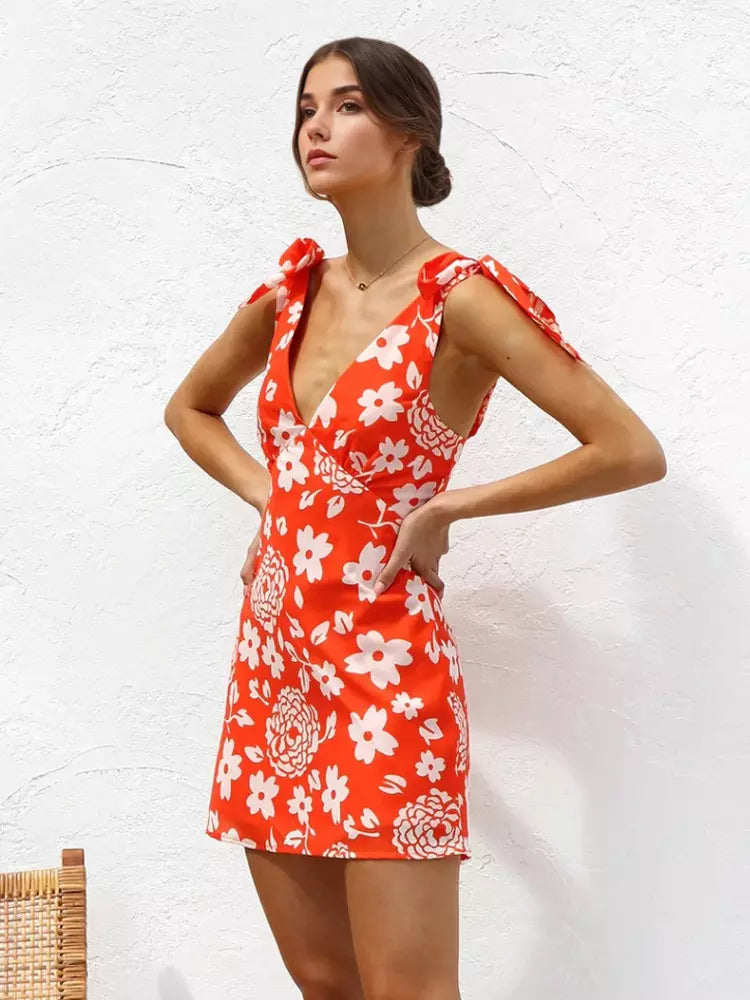Elegant Floral Print Backless Sleeveless Mini Dress