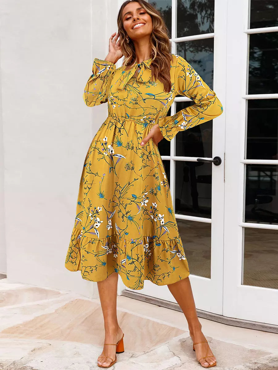 Casual Bows Floral Print Tie-Neck With Long Sleeve Midi Dress