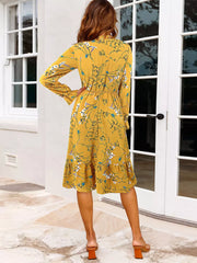 Casual Bows Floral Print Tie-Neck With Long Sleeve Midi Dress