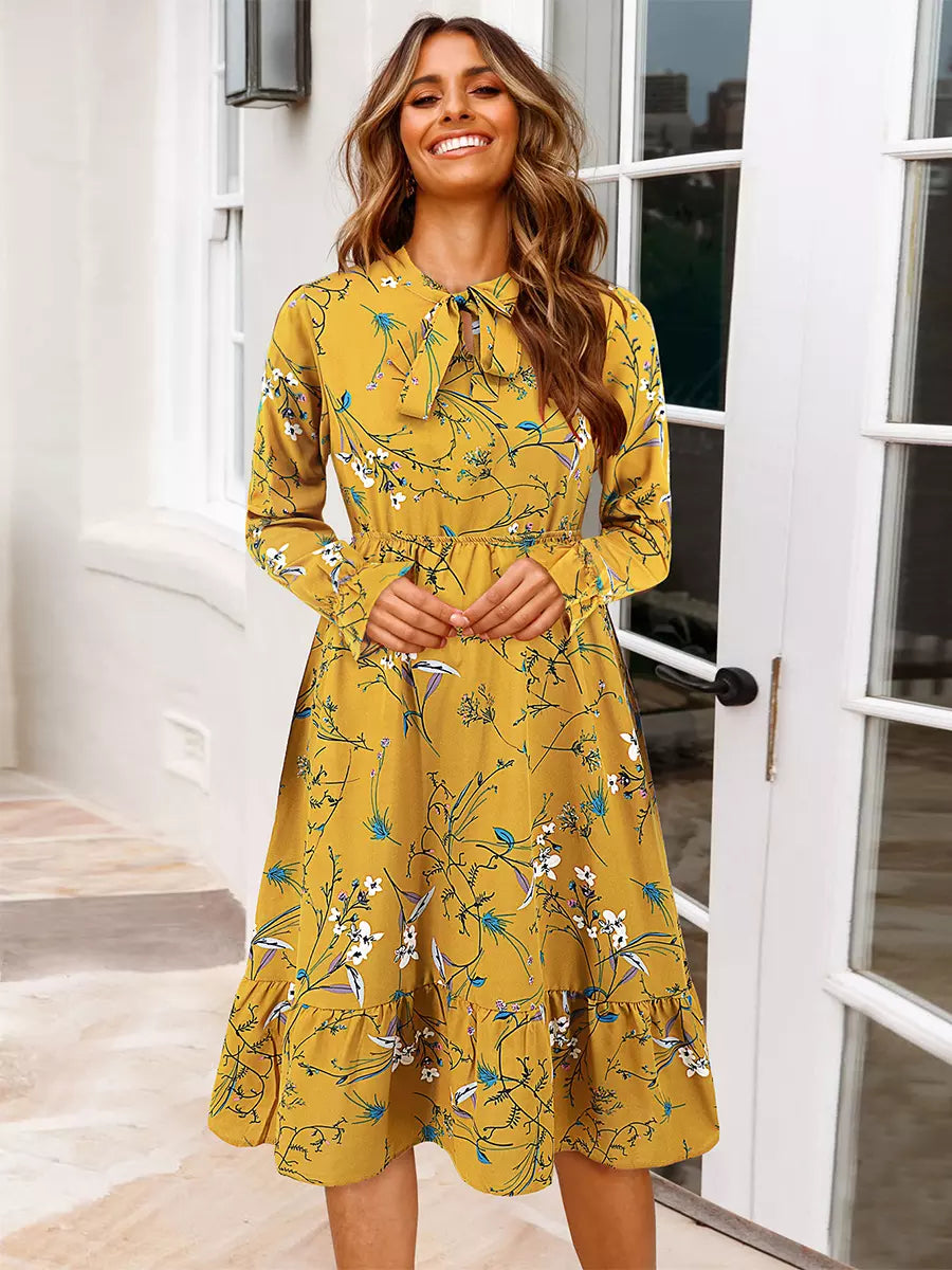Casual Bows Floral Print Tie-Neck With Long Sleeve Midi Dress