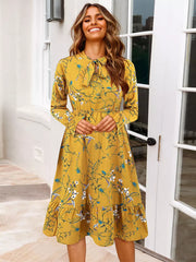 Casual Bows Floral Print Tie-Neck With Long Sleeve Midi Dress