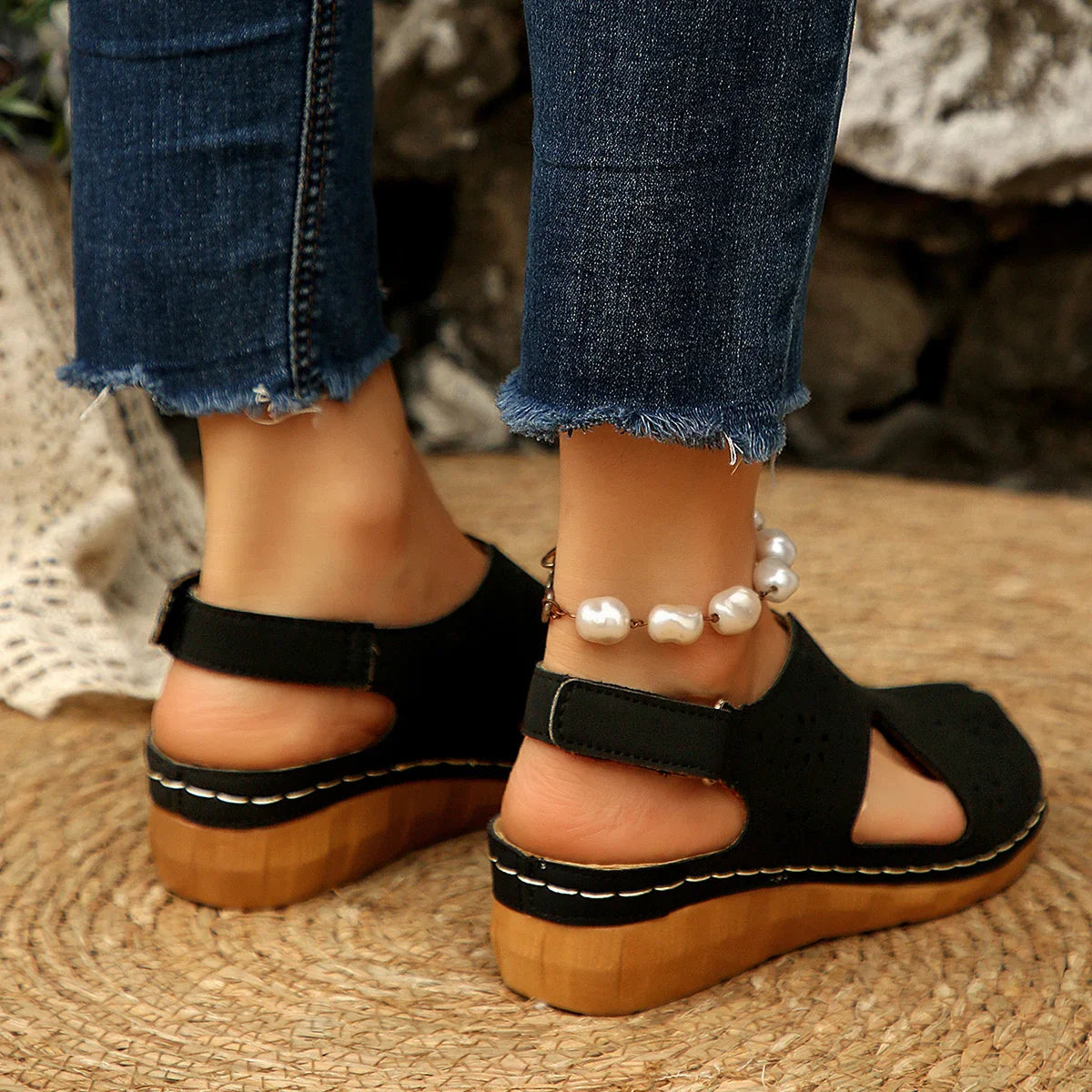 Casual Breathable Hollow Out Slip-On Roman Sandals with Magic Tape Fish Mouth Stitching PU Material Comfortable Heel