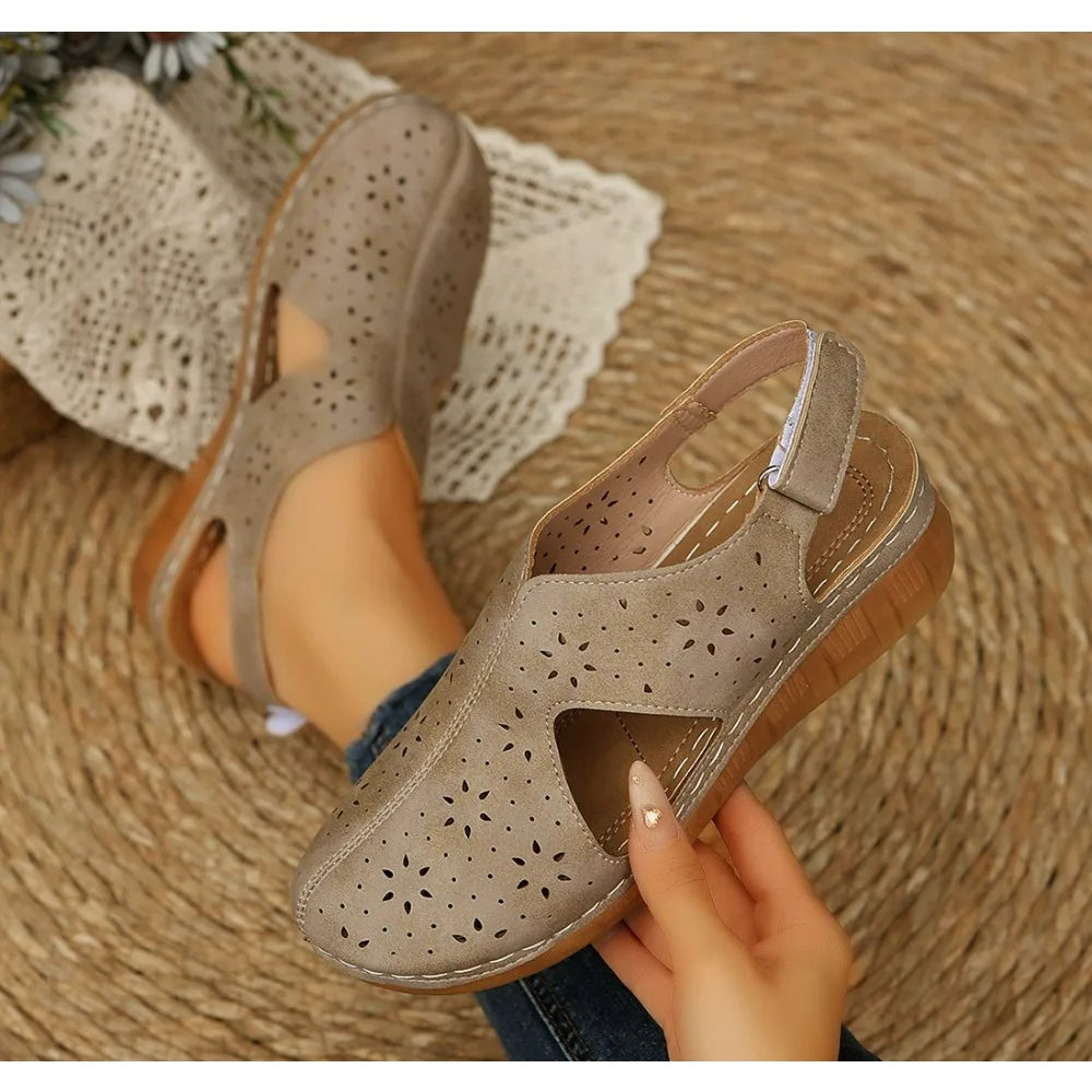 Casual Breathable Hollow Out Slip-On Roman Sandals with Magic Tape Fish Mouth Stitching PU Material Comfortable Heel
