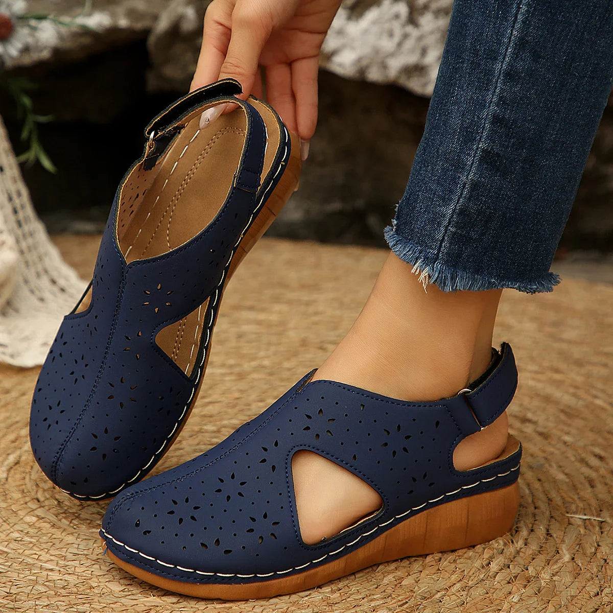 Casual Breathable Hollow Out Slip-On Roman Sandals with Magic Tape Fish Mouth Stitching PU Material Comfortable Heel
