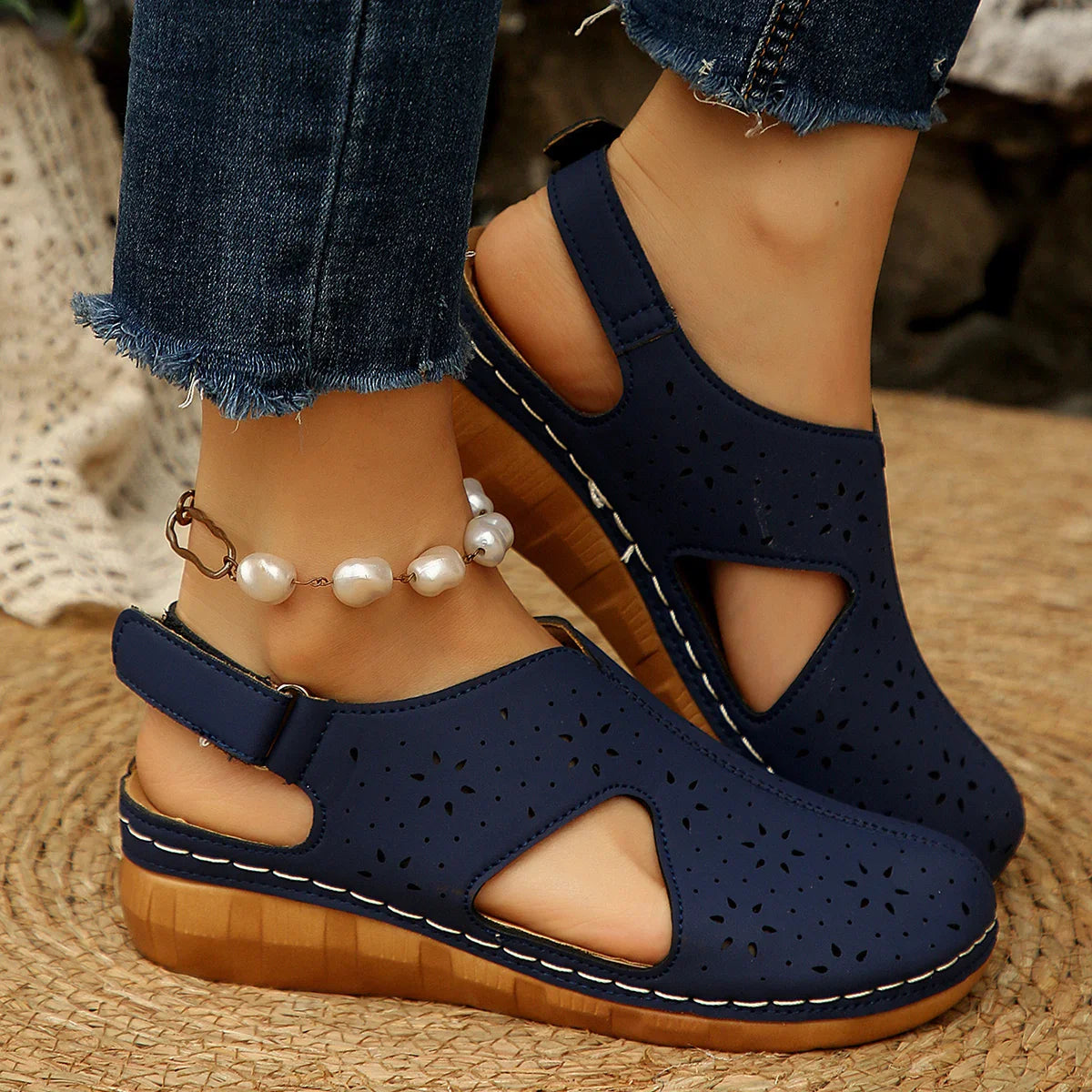 Casual Breathable Hollow Out Slip-On Roman Sandals with Magic Tape Fish Mouth Stitching PU Material Comfortable Heel